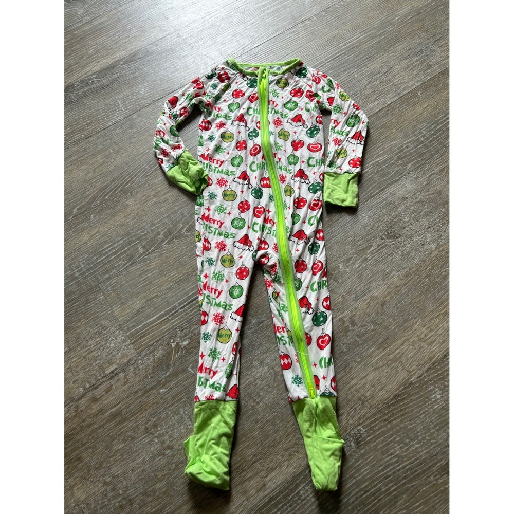 Kk36 Christmas Bamboo Footie Pajamas 18-24M‎ Green Red Grinch Two Way Zip Romper